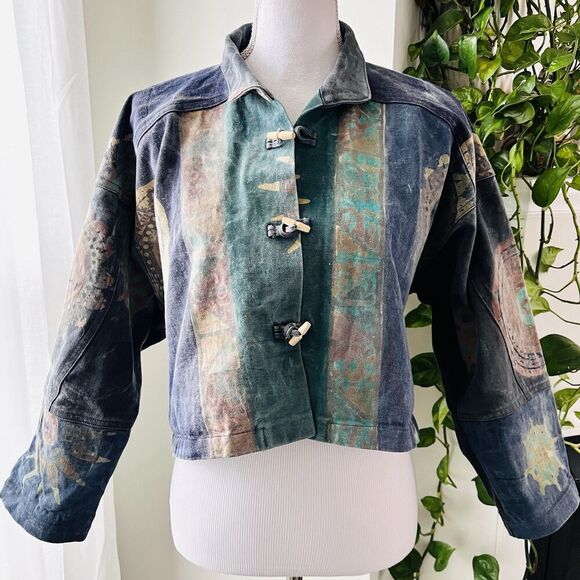 Chantik Handcrafted in Bali Blue Colorful Pastel Denim Cropped Boho Jacket Small - Picture 1 of 8